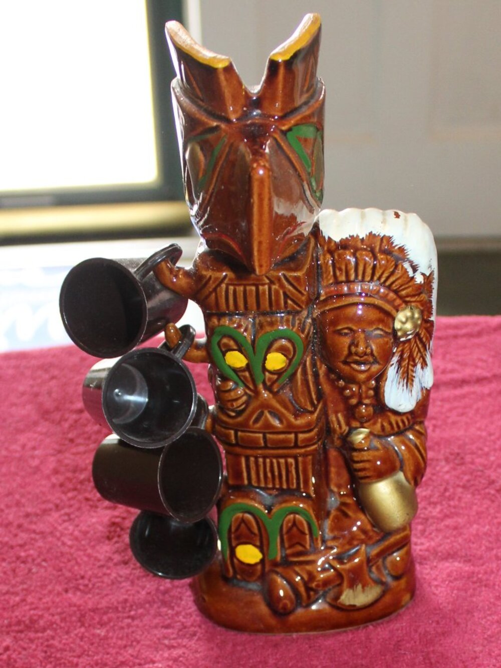 Vintage Brown Pottery Indian with Totem Pole Decanter Bottle 9" Tall w/shot cups